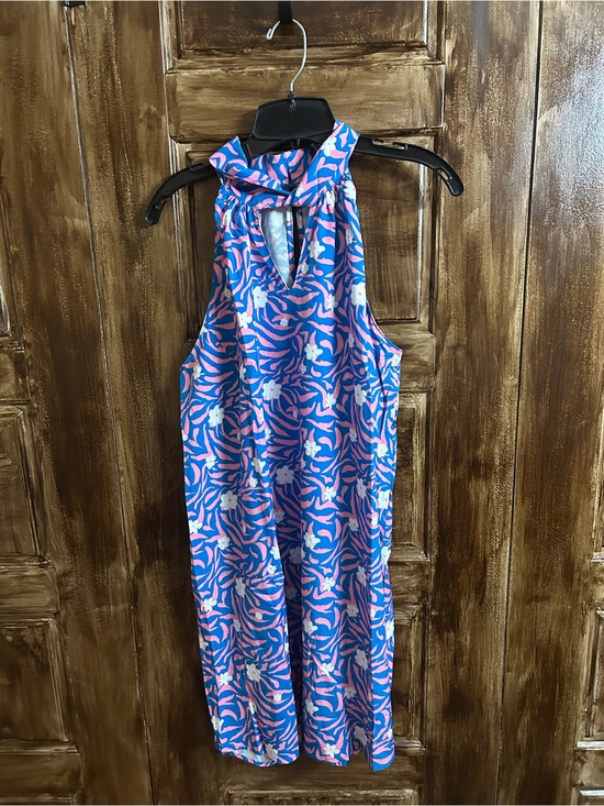 Umgee Dresses & Skirts - Umgee Blue,Pink,White Halter Dress with Floral-Stripe Print SizeM Keyhole Cutout